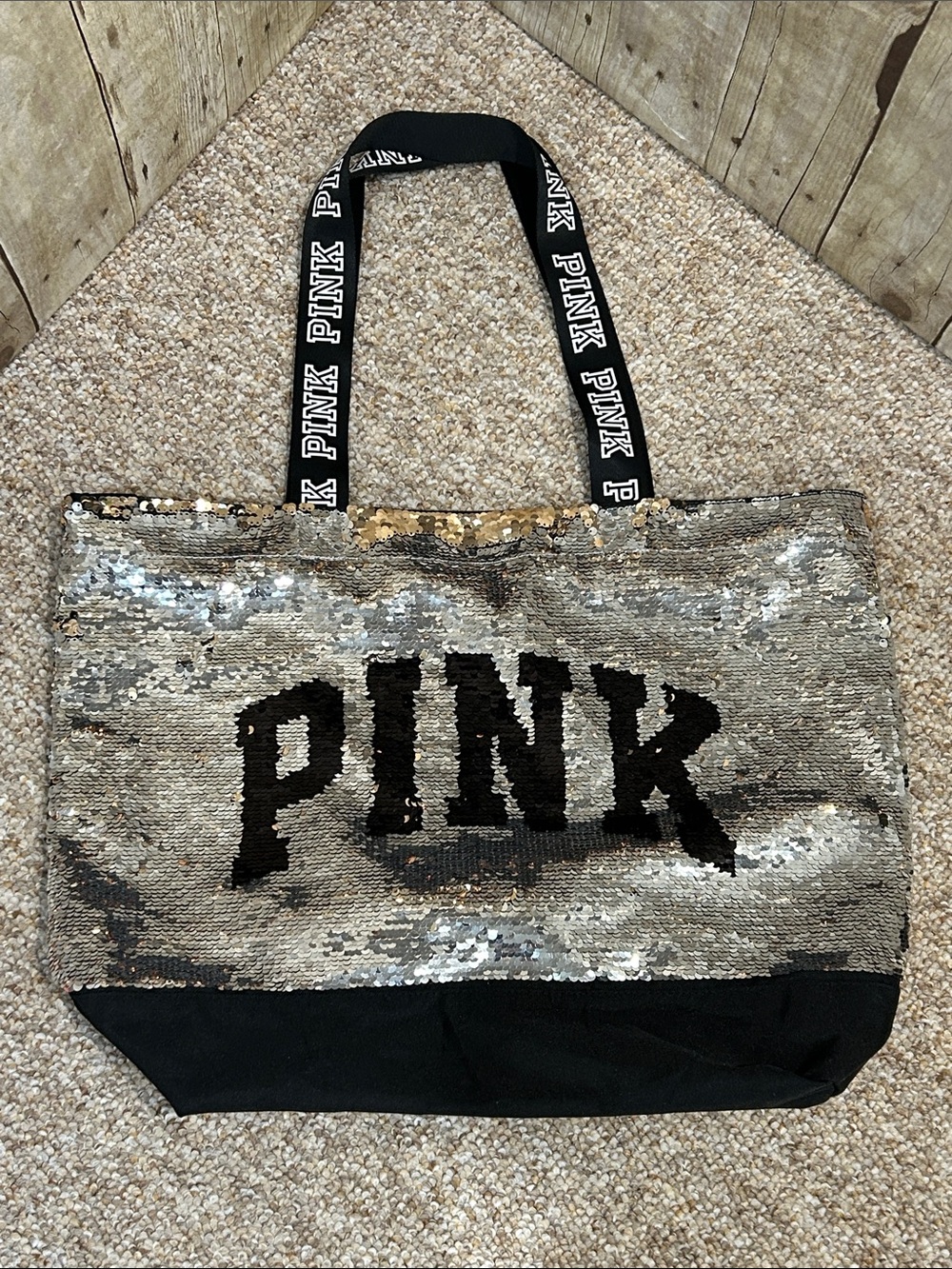 PINK Victoria's Secret Silver/Gold Sequin Tote with Black Logo and Straps